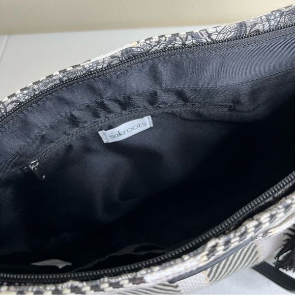 Sakroots Metro Woven Top Zip Tote Shoulder Bag Black White Owl Critter Keychain - Picture 6 of 14